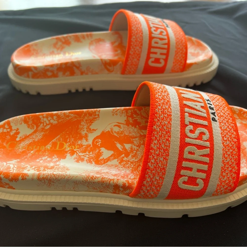DIOR Bright Orange Toile de Jouy Embroidered Cotton DWAY SLIDE - size 38 - Picture 11 of 11